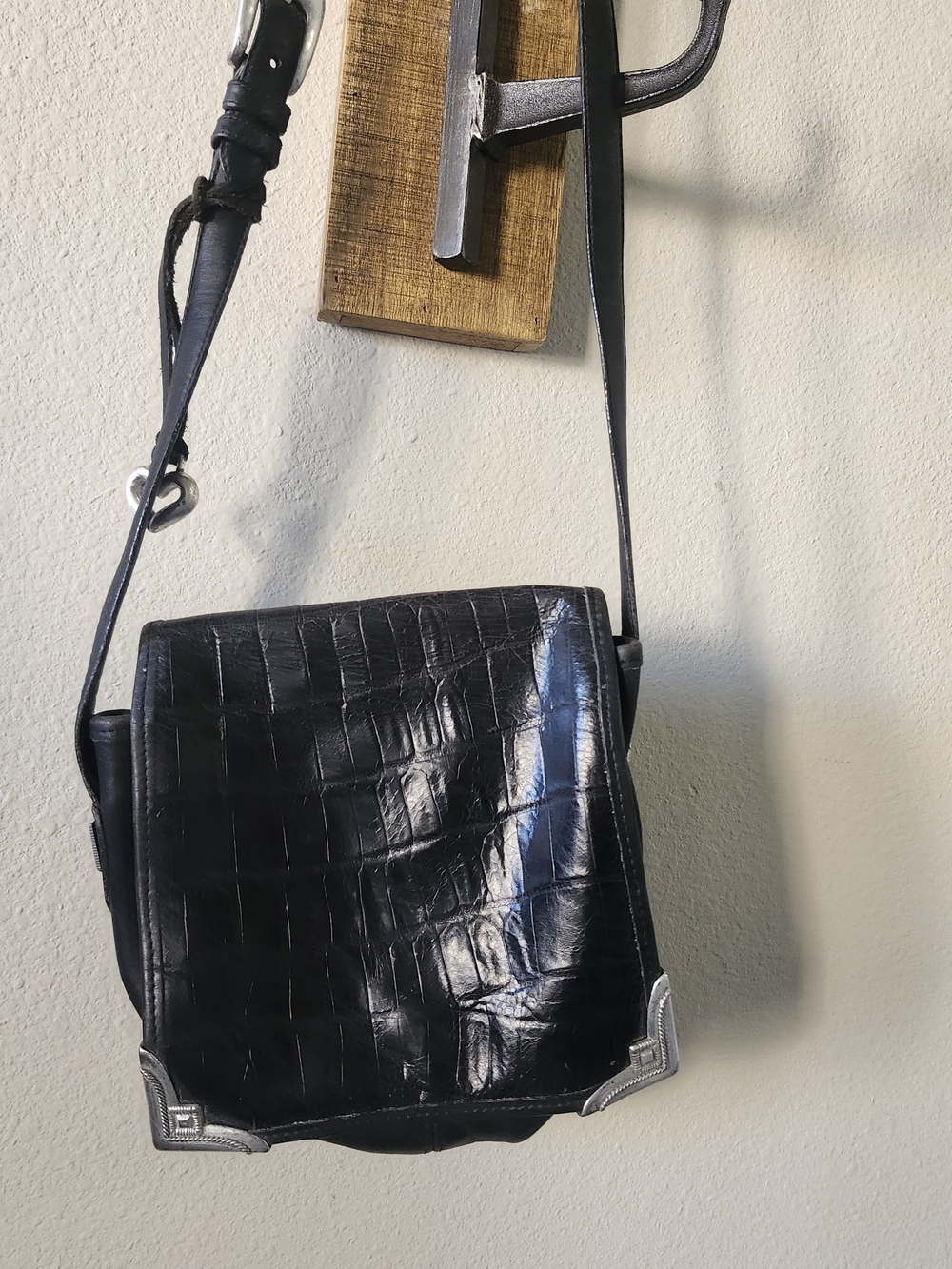 Black Croc-Embossed Leather Crossbody Bag By Brighton